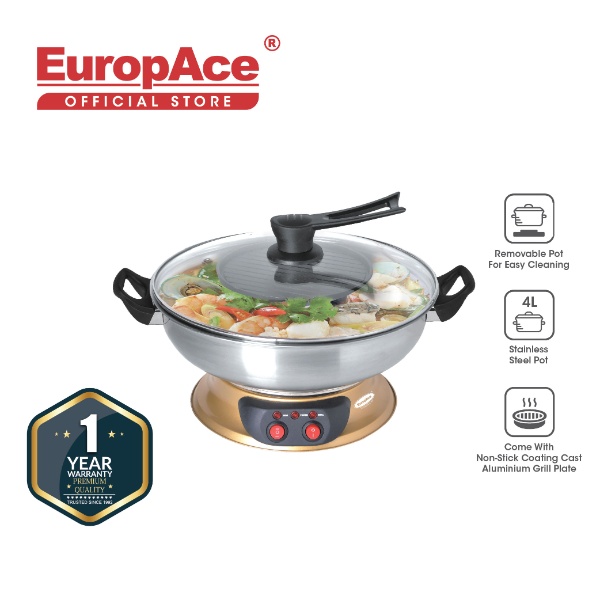 EuropAce 4.2L Steamboat + Hotplate Grill (Champagne Gold Base)